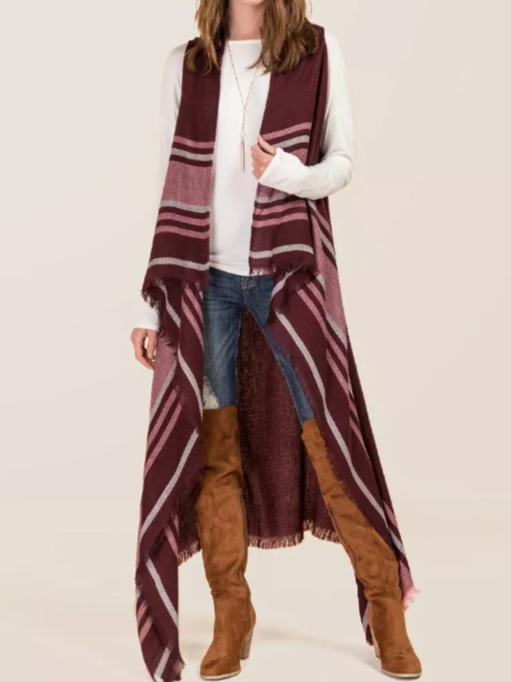 Francesca's Women's Bardot Long Striped Fall Vest Cardigan in Purple One Size